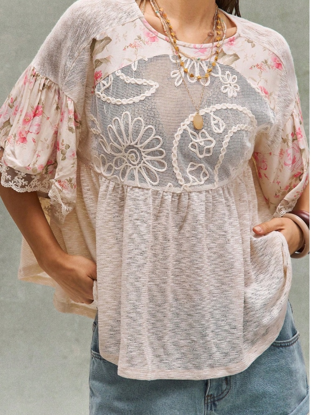 Boho Floral Print Lace Short Sleeve Oversized Blouse - Picture 3 of 6